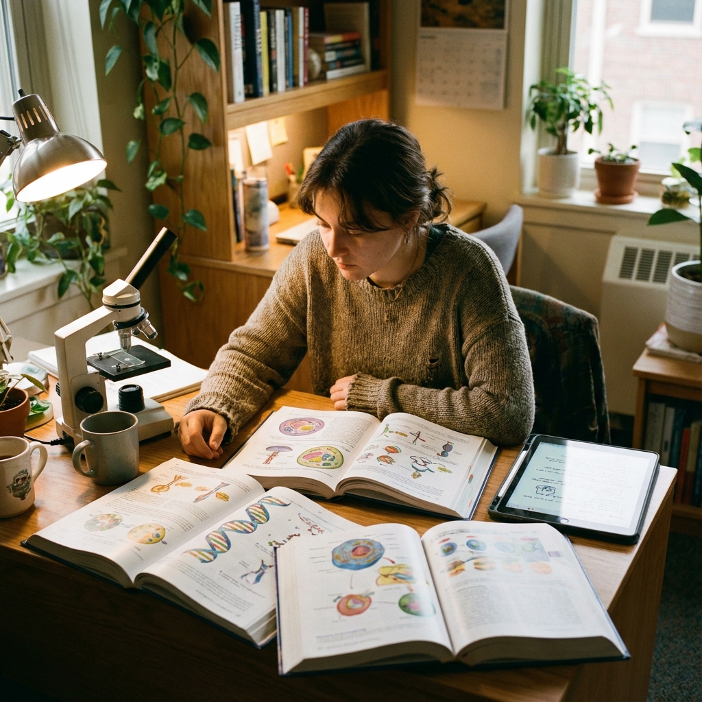 Student studying biology using active recall techniques