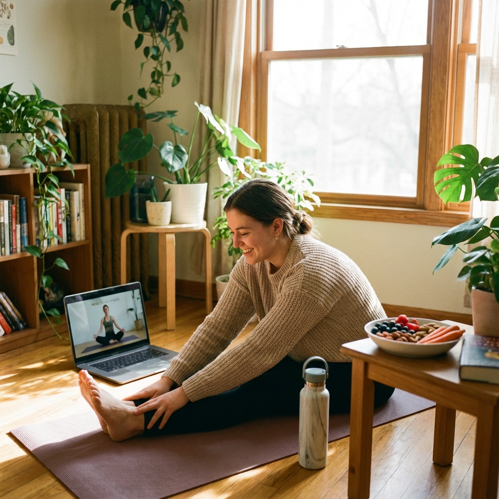 College student practicing wellness with laptop, water bottle, and healthy snacks in bright study space